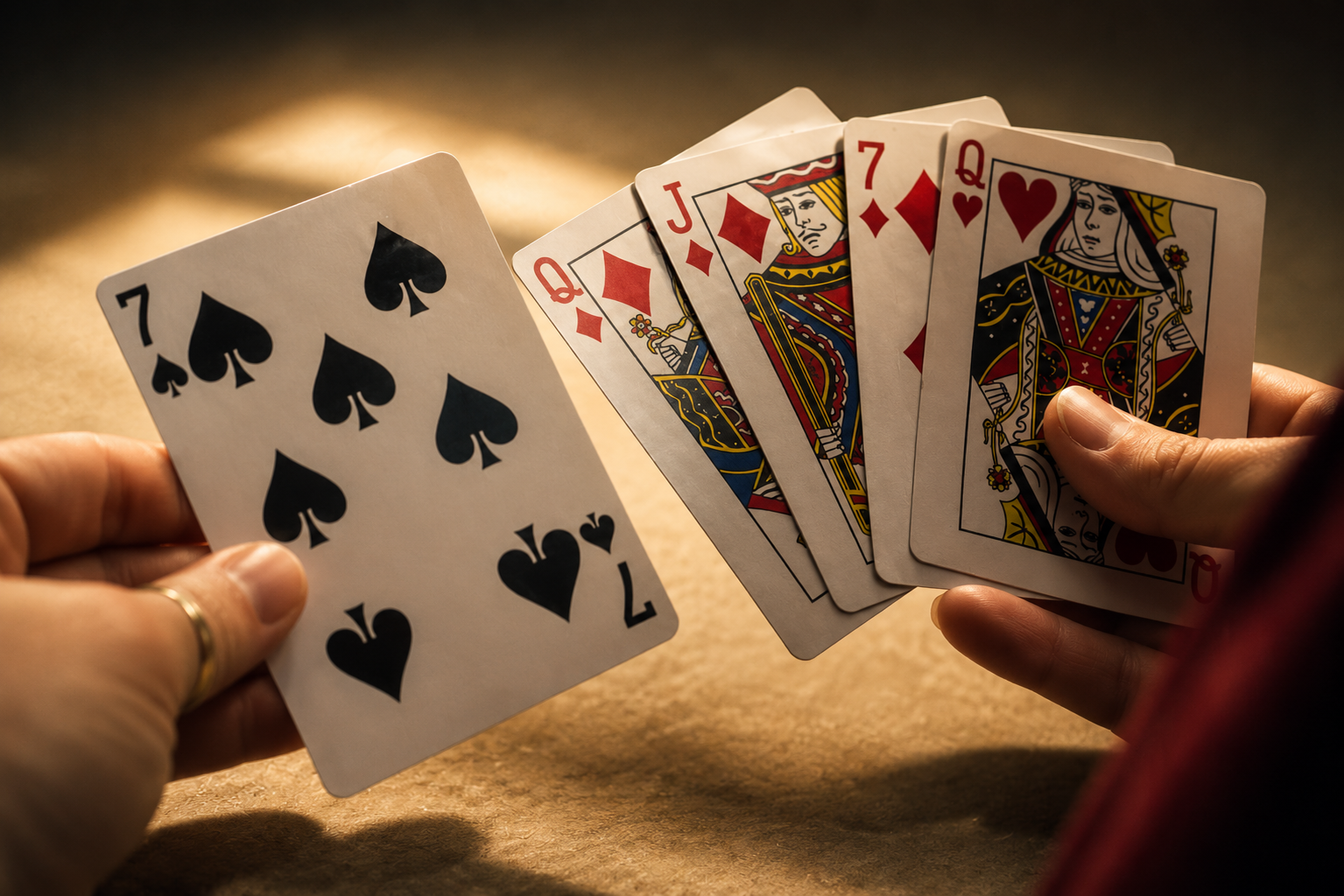 Hands holding a fanned hand of playing cards